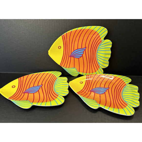 Precidio Tropical Fish Melamine Plates Set of 3 Orange/Green/Yellow Ocean Sea - Picture 4 of 7